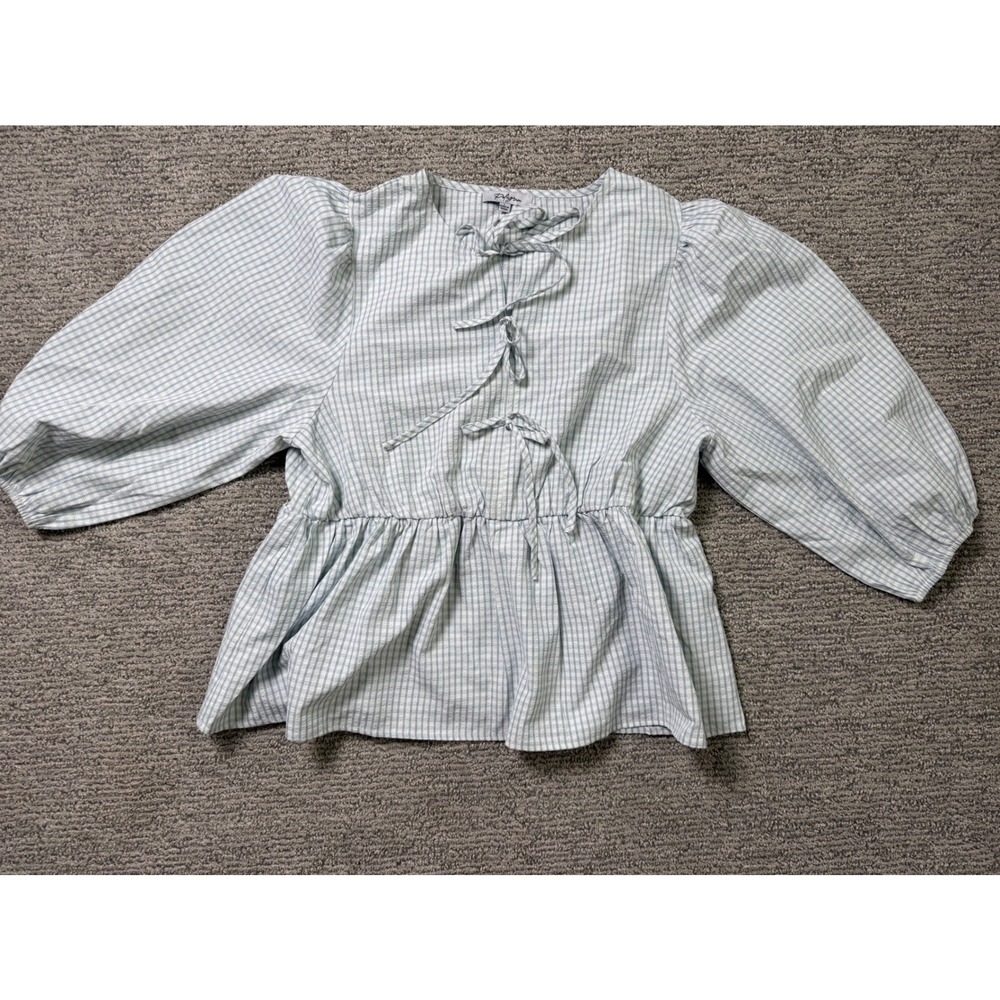 Polagram Blue Gingham Tie Front Peplum Blouse Long Balloon Sleeve Top